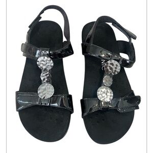 Vionic Farra Black Patent T-Strap Sandals w/ Metallic Disc Detail